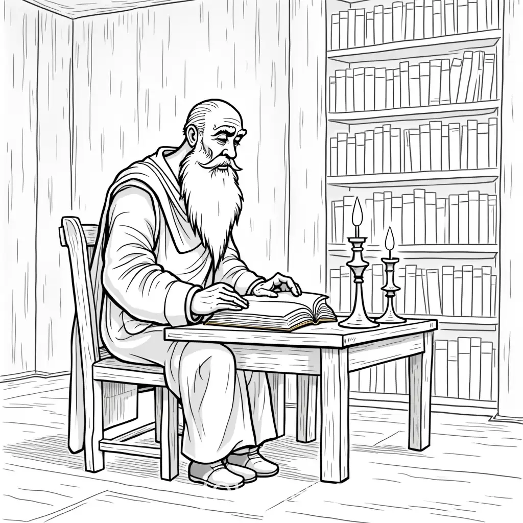 Elderly-Man-in-Medieval-Armor-Reading-in-a-Rustic-Library