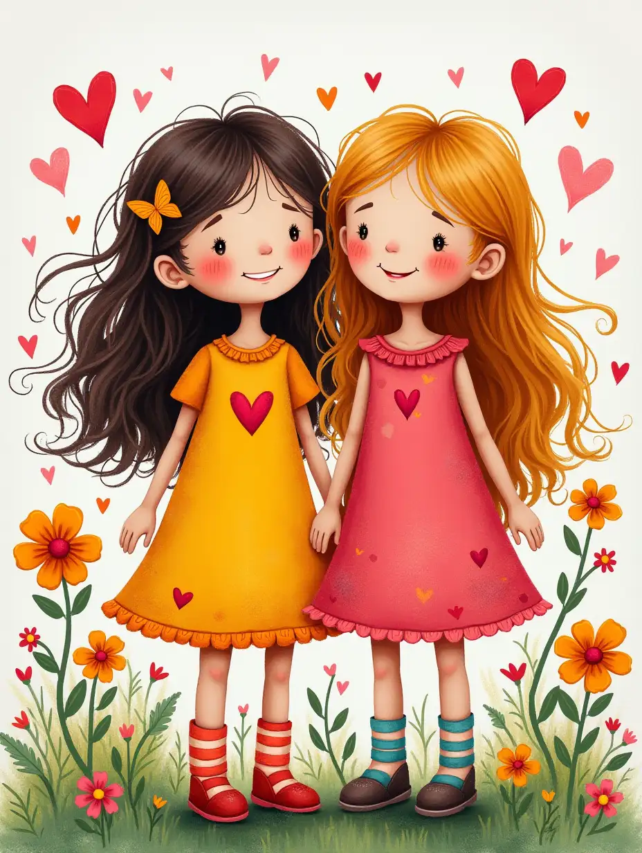 A charming and whimsical stylized painting of two joyful little girls with long hair, standing side by side in brightly colored dresses, surrounded by vibrant flowers. The girls are depicted with cute, simplistic features, each wearing a dress with heart-shaped details and colorful striped socks. The artwork is created in a mixed media, textured art style, giving it a playful, colorful feel with rich, layered textures. The scene radiates happiness and friendship, set against a lively, flower-filled background that complements the bright and cheerful atmosphere.