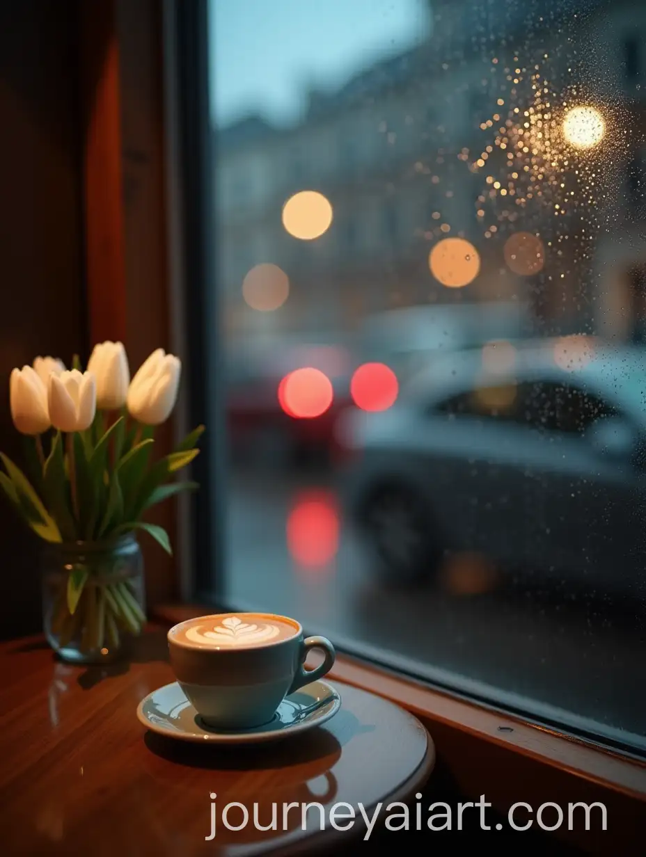 Cozy-Coffee-Shop-Scene-with-Cappuccino-and-White-Tulips-by-a-RainStreaked-Window
