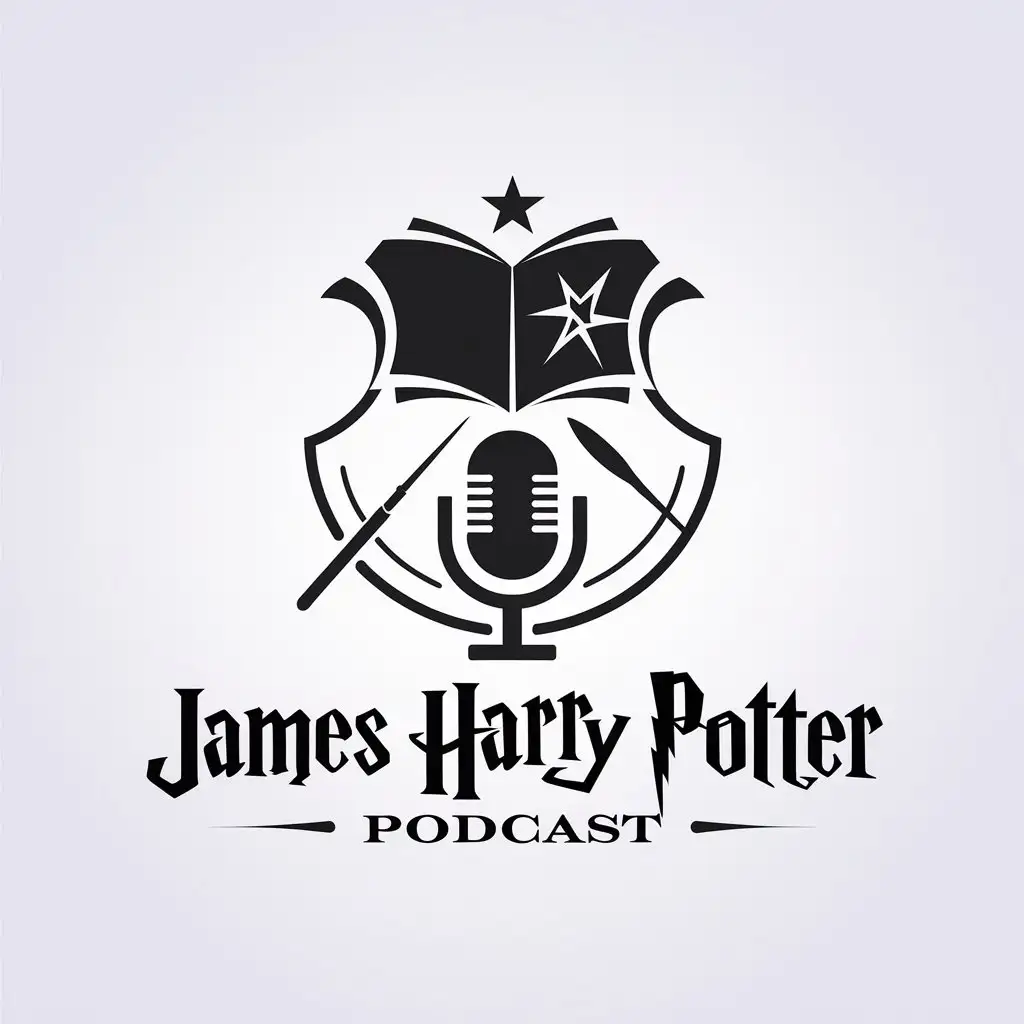 LOGO Design for James Harry Potter Podcast Magic Wand Book and Microphone in Minimalistic Style for Education Industry