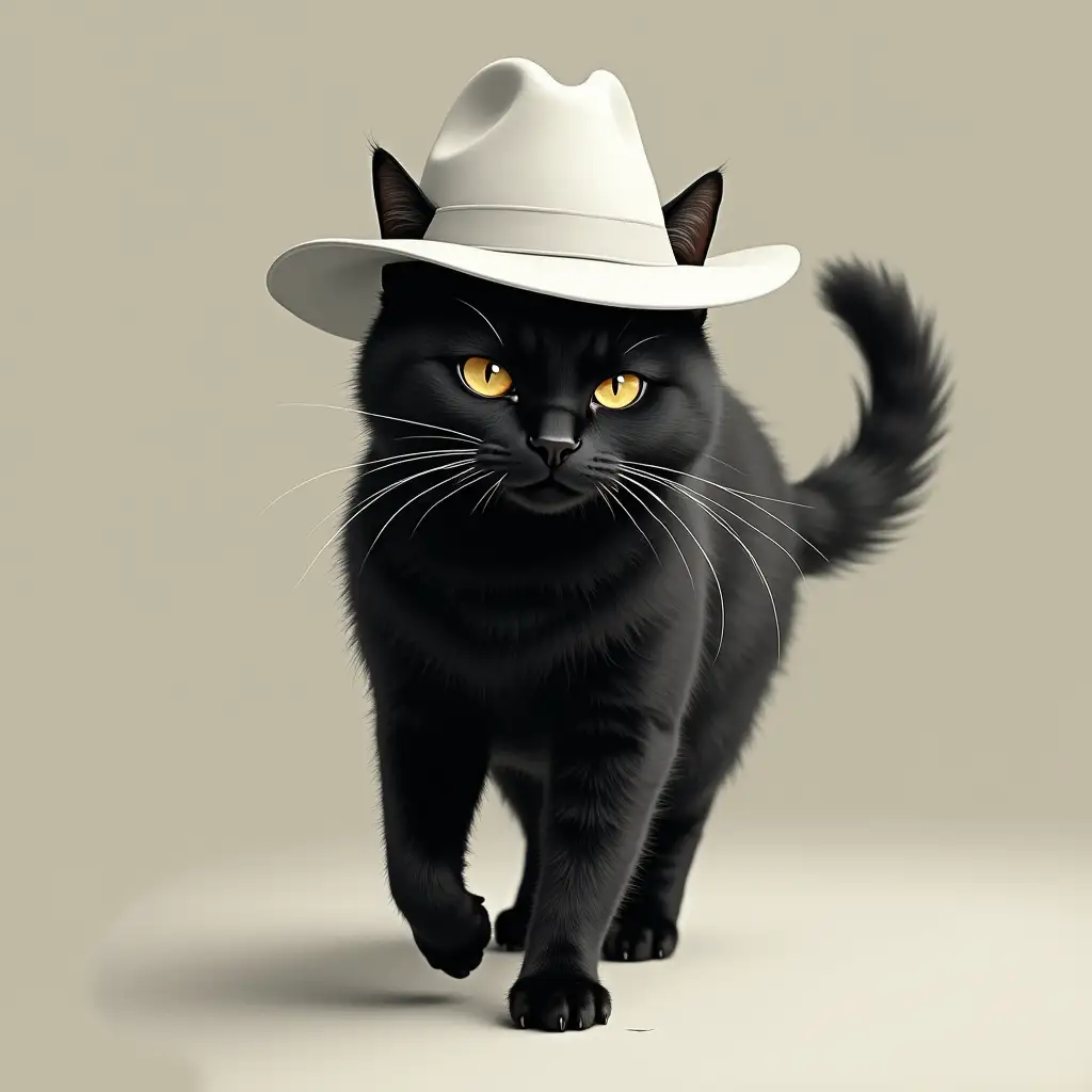 A sad black cat walks wearing a white hat