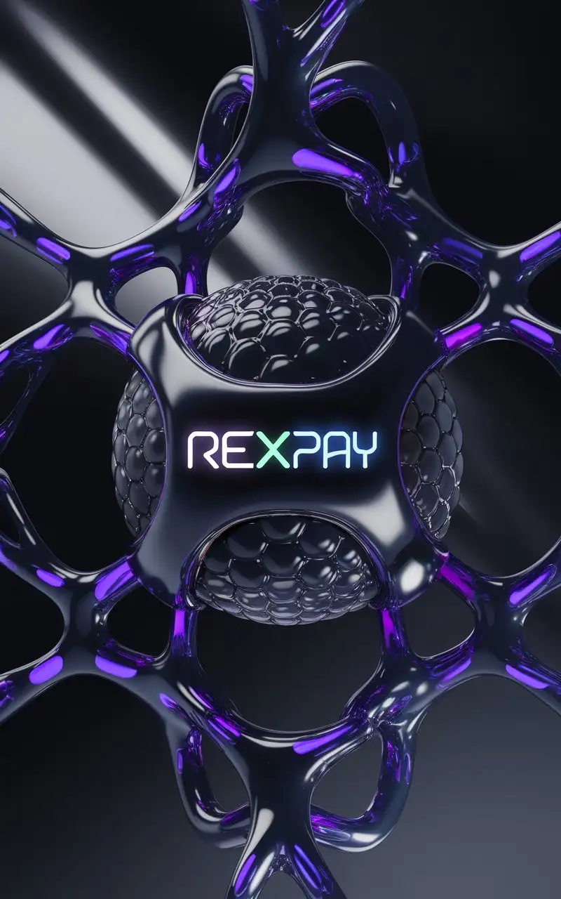 Design a high-tech, futuristic image for a mobile app called Rexpay, emphasizing its central role in a connected network of nodes. The background should feature a smooth gradient transitioning between deep black, metallic gray (Payne's Gray) with a clean, balanced look. In the center of the composition, place a large 3D node representing Rexpay, which is connected to other smaller nodes. These interlocking nodes should form high tech exoskeleton around a round, blob-like sphere with intricate detailed pattern with a glossy and metallic finish. The sphere inside the main node should have a gradient of deep black and subtle gray, but the interlocking nodes themselves should feature vibrant gradients—deep-bright blue, subtle yet bright purple, and metallic gray with liquid metal textures.The Rexpay name should be written in bold, glowing white color text on the central node, center node should be connected to thousands illuminating with a soft, radiant glow that highlights the importance of the node. The glowing effect should create a subtle halo around the text, adding depth and focus to the central element. Soft studio lighting from the top-right corner should emphasize the high definition and intricate details of the connections.The center node should be connected in a structured, network-like fashion floating in mid air but should not clutter the scene. Strategically place floating blobs (or disconnected nodes) throughout the background and a few in the foreground, some partially visible, and some offset at the edges of the composition. These blobs should float freely and vary in size, matching the color gradient of the interlocking nodes but not connected to any specific point. Ensure the lighting interacts with the blobs and nodes for depth and subtle reflections. The overall feel should be modern, tech-inspired, with crisp, polished  intricate details while maintaining a sleek, minimalist aesthetic, with gradient colors"