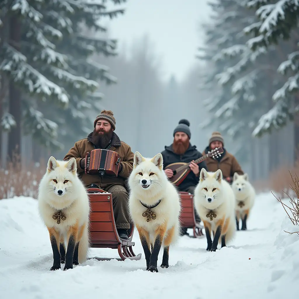 Background - a snowy winter forest. Along the road are sleds drawn by three large white foxes in the style of a Russian troika. The foxes are adorned with bells and belllets. Three bearded Russian peasants are sitting in the sleds, all singing. One peasant is playing the accordion, another on the balalaika, and the third whips the foxes.