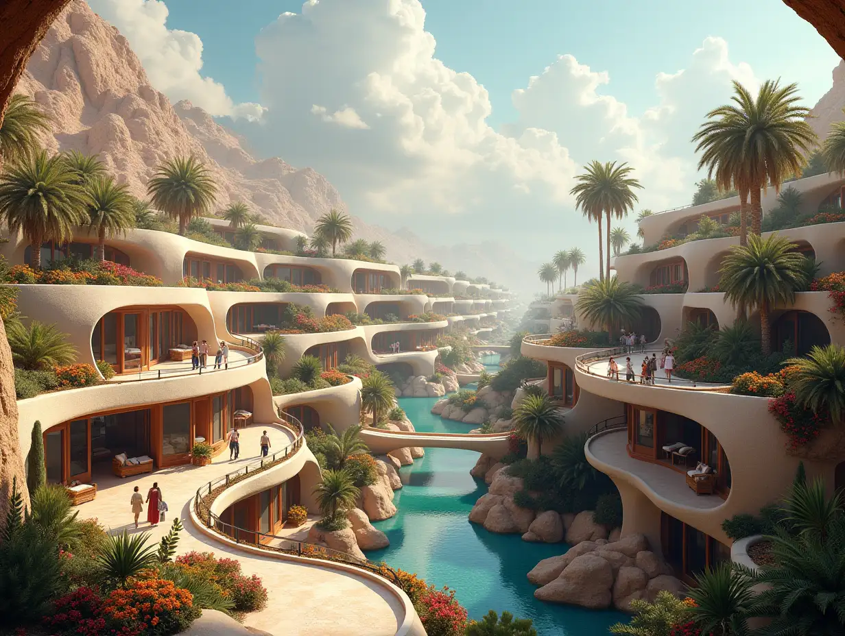 Create a high-resolution, realistic top view panoramic image of a large futuristic terraced building settlement with window bridges, many people, many plants and colorful flowers white and brown facades in front of the desert oasis, large trees, very cloudy sky