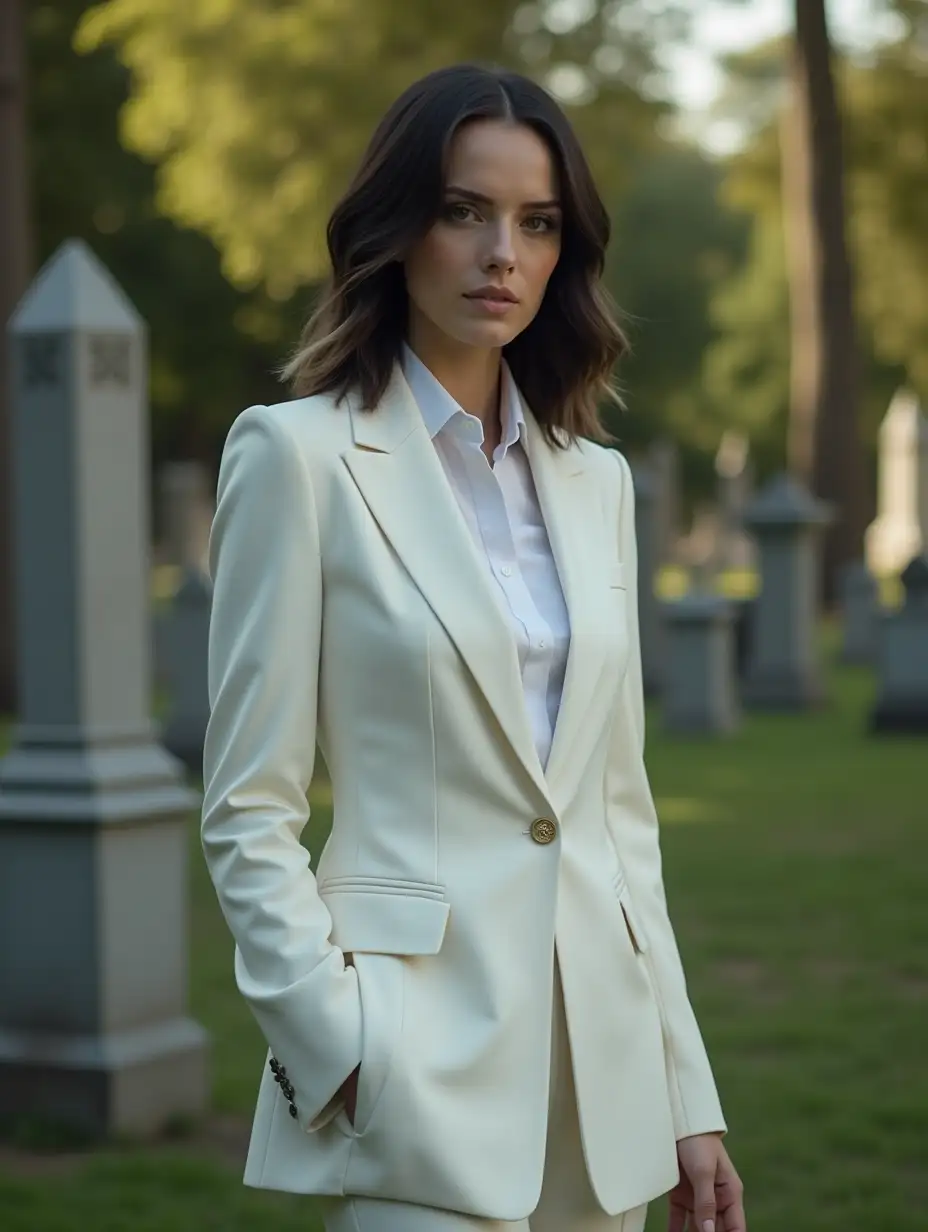 Half Length View of Teagan Croft as the female vessel of Lucifer, in a graveyard at daytime setting. Wearing the iconic and unblemished, sharp tailored all-white suit, underneath a fitted white shirt (Inspired by Supernatural Samifer's female style Including a subtle pocket square, cufflinks, and polished dress shoes, with accurate Teagan Croft 20 year old body type, accurate bust size and accurate shoulder-length sleeked back darker black hairstyle with dark blonde streaks on her hair, symbolizing the union between Rachel and Lucifer) (4K Resolution Photo and HDR).