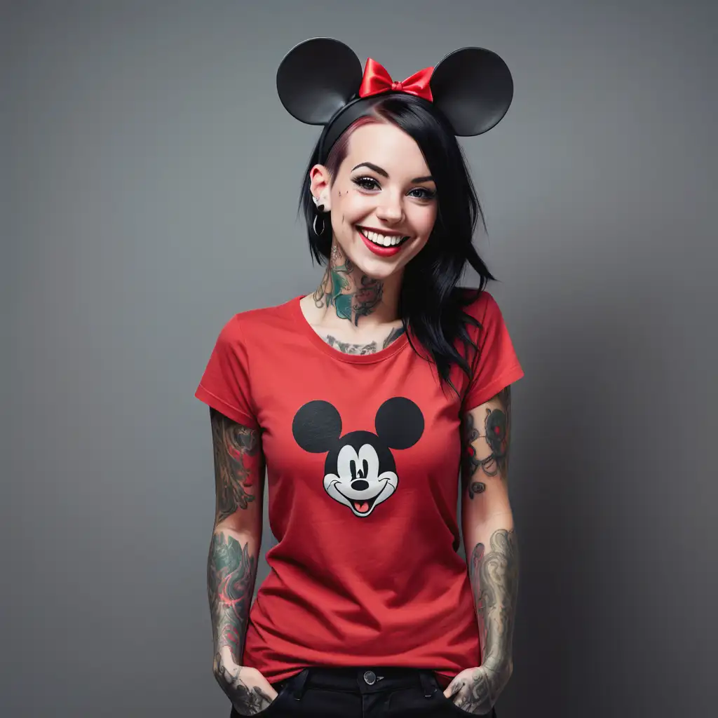 happy tattooed woman; plain red t shirt; full body; wearing black Mouse ears