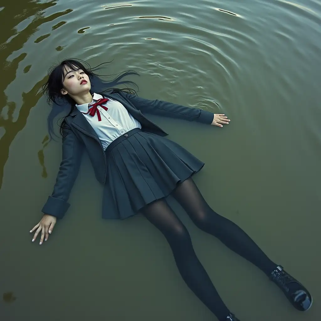 Schoolgirl in a school uniform, in a skirt, jacket, blouse, dark tights, high-heeled shoes. She is swimming in a dirty pond, lying underwater, all her clothes are completely wet, wet clothes stick to her body, the whole body is underwater, submerged in water, under the surface of the water, below the water's edge.