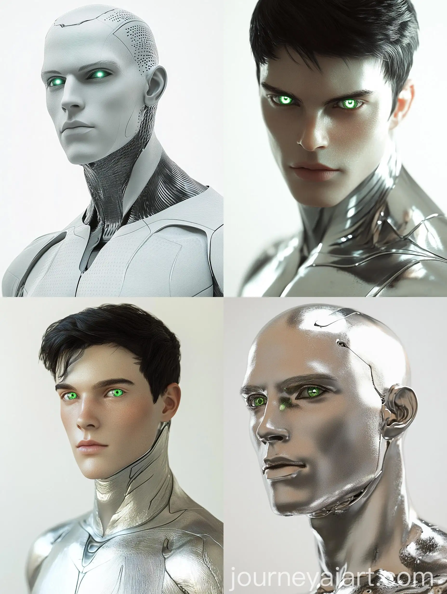 Male-Synthetic-Android-with-Green-Glowing-Eyes-in-Silver-Bodysuit