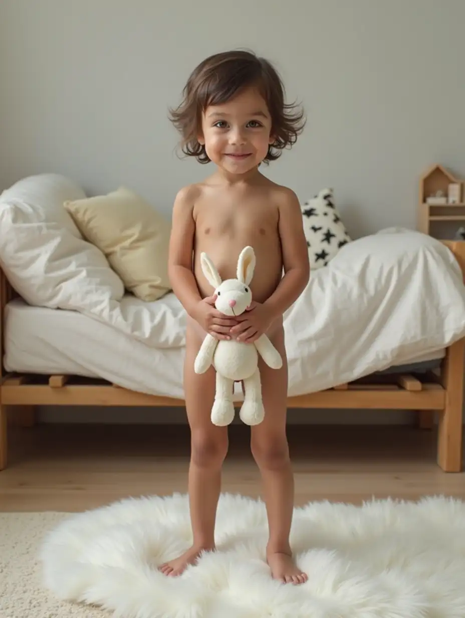 Skinny-Little-Girl-Holding-Stuffed-Animal-in-Playroom-with-Fluffy-Bed