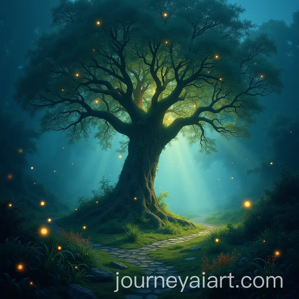 Enchanted-Forest-at-Dusk-with-Glowing-Ancient-Tree-and-Fireflies