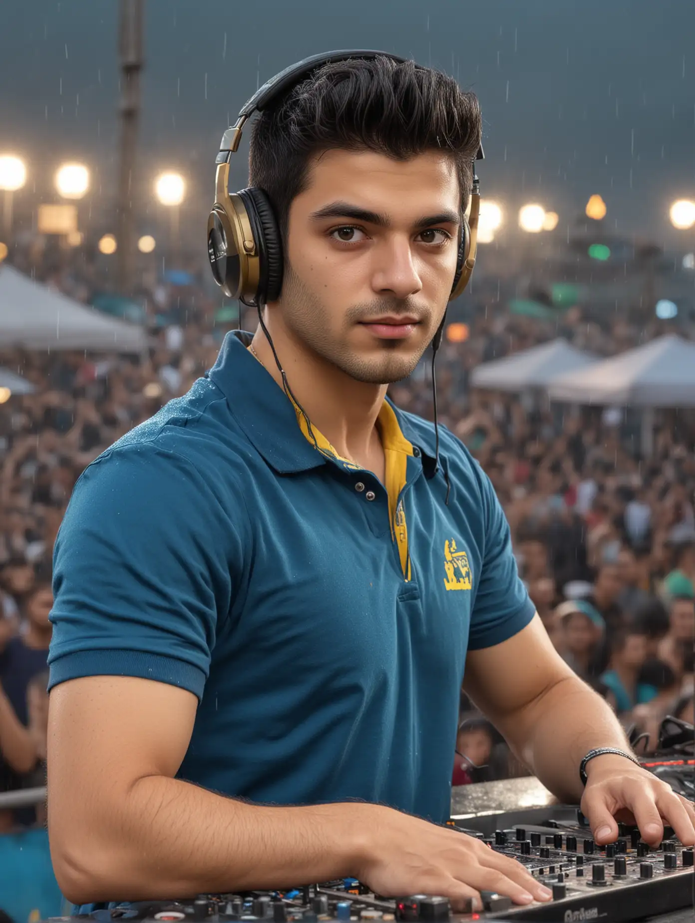 a handsome Persian young man posing ready play DJ Console, wearing egyptian blue polo shirt, DJ headphones, Realistic eyes, Detailed face, Upper Body, Looking at the audience, sideway shot, look at the camera,outdoor music festival rainy day,stage light colorfull,teal and yelow