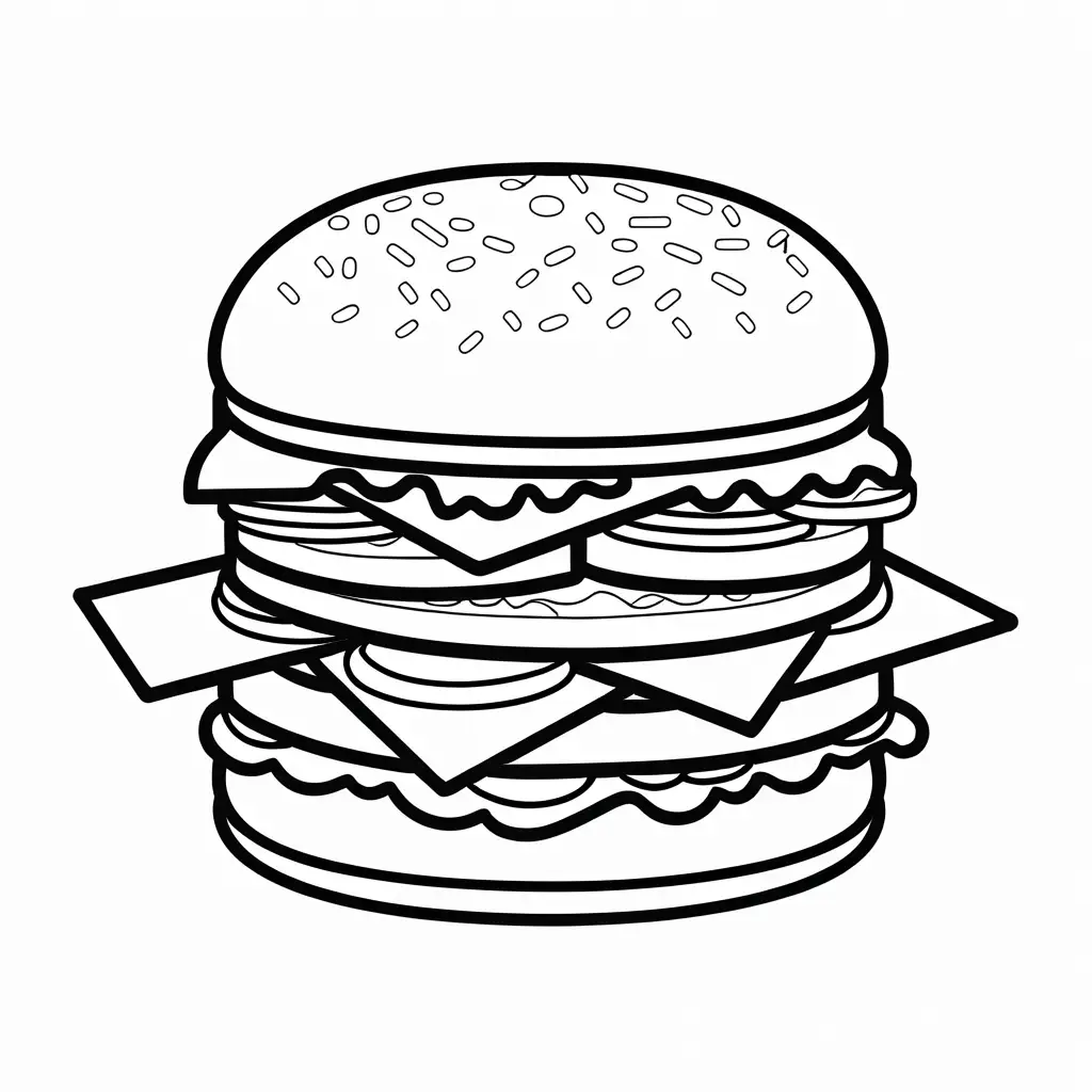 bold and easy burger meal coloring page, Coloring Page, black and white, line art, white background, Simplicity, Ample White Space. The background of the coloring page is plain white to make it easy for young children to color within the lines. The outlines of all the subjects are easy to distinguish, making it simple for kids to color without too much difficulty