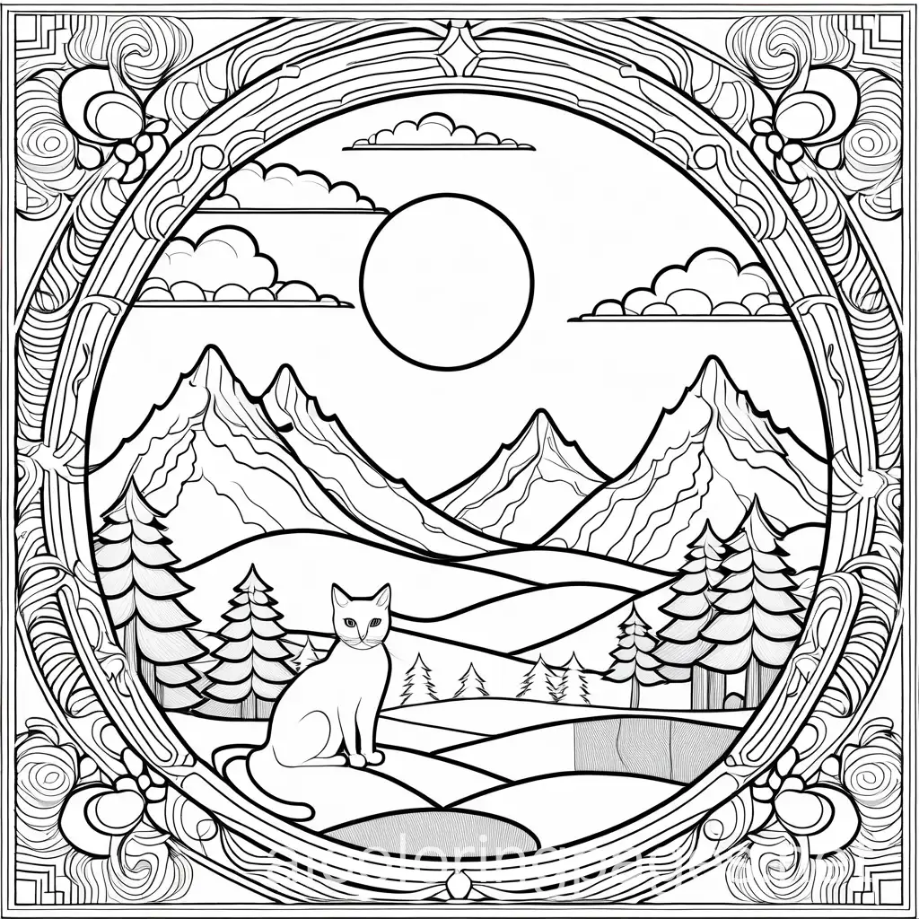 Mandala-Cat-Climbing-Tree-with-Mountain-and-Sun-Rays-Line-Art-Coloring-Page