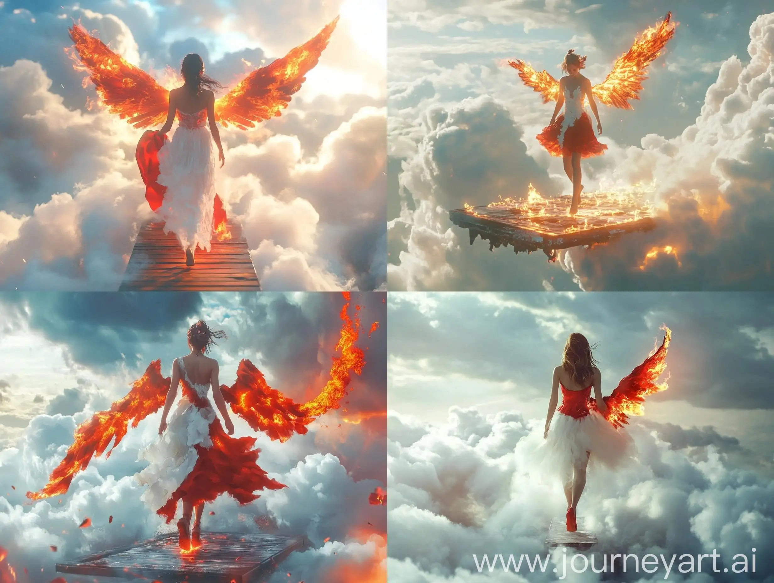 Girl-with-One-Wing-on-Fire-Walking-on-Cloud-Platform-in-Red-and-White-Dress