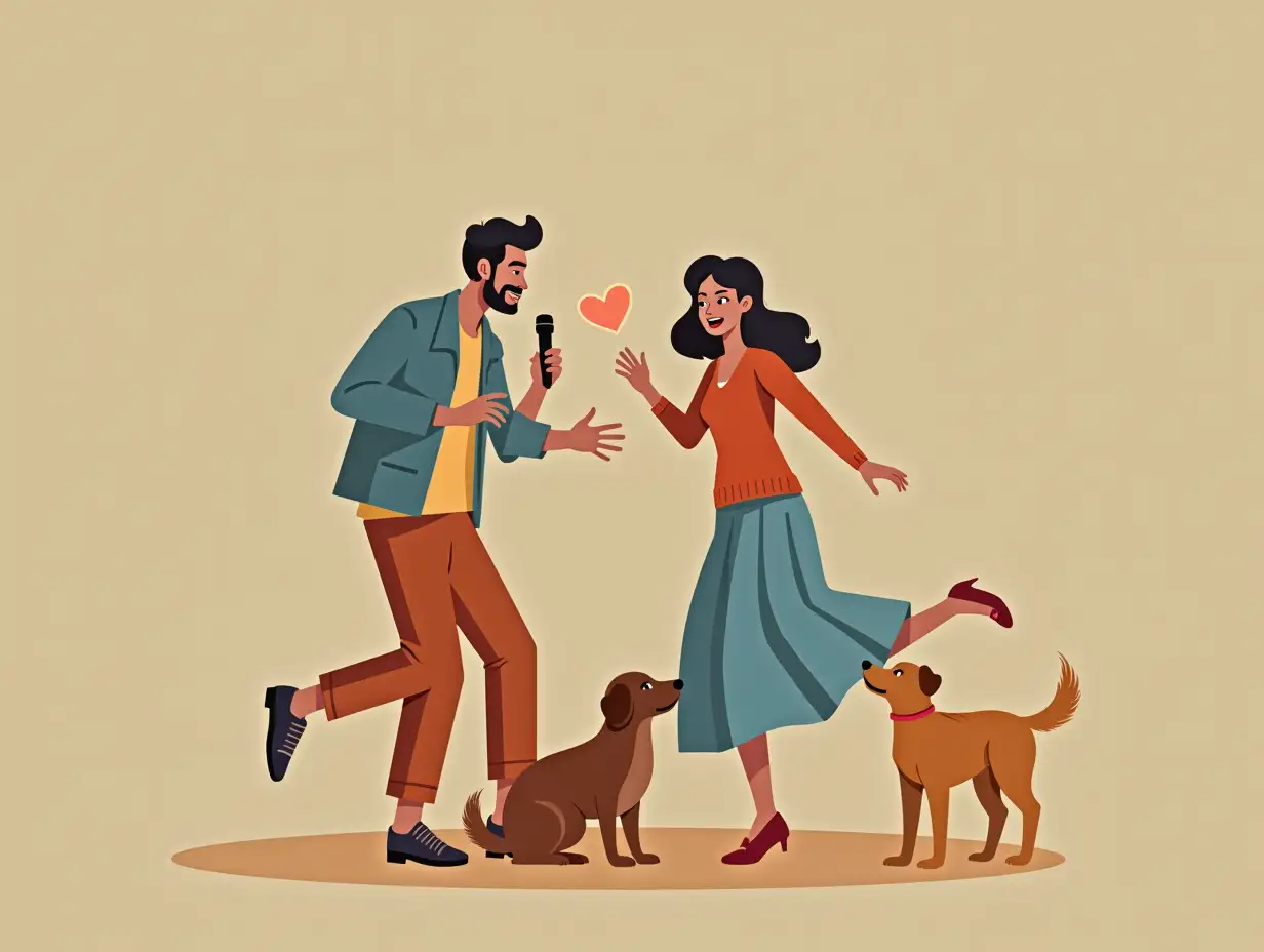 Home page background for a buissiness. Two main colors - creamy orange and soft light blue. A man sing for his wife and she smiles exitedly. It is heartbreaking moment and inspiring. Warm picture. Their dog pet is nearby and barkling joyfuly. She even dance