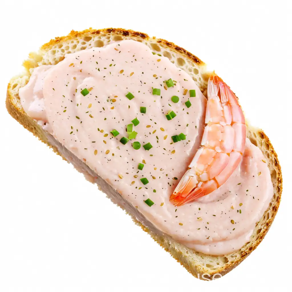 Delicate Bread Slice with Pink Shrimp Pt Top View Isolated on White