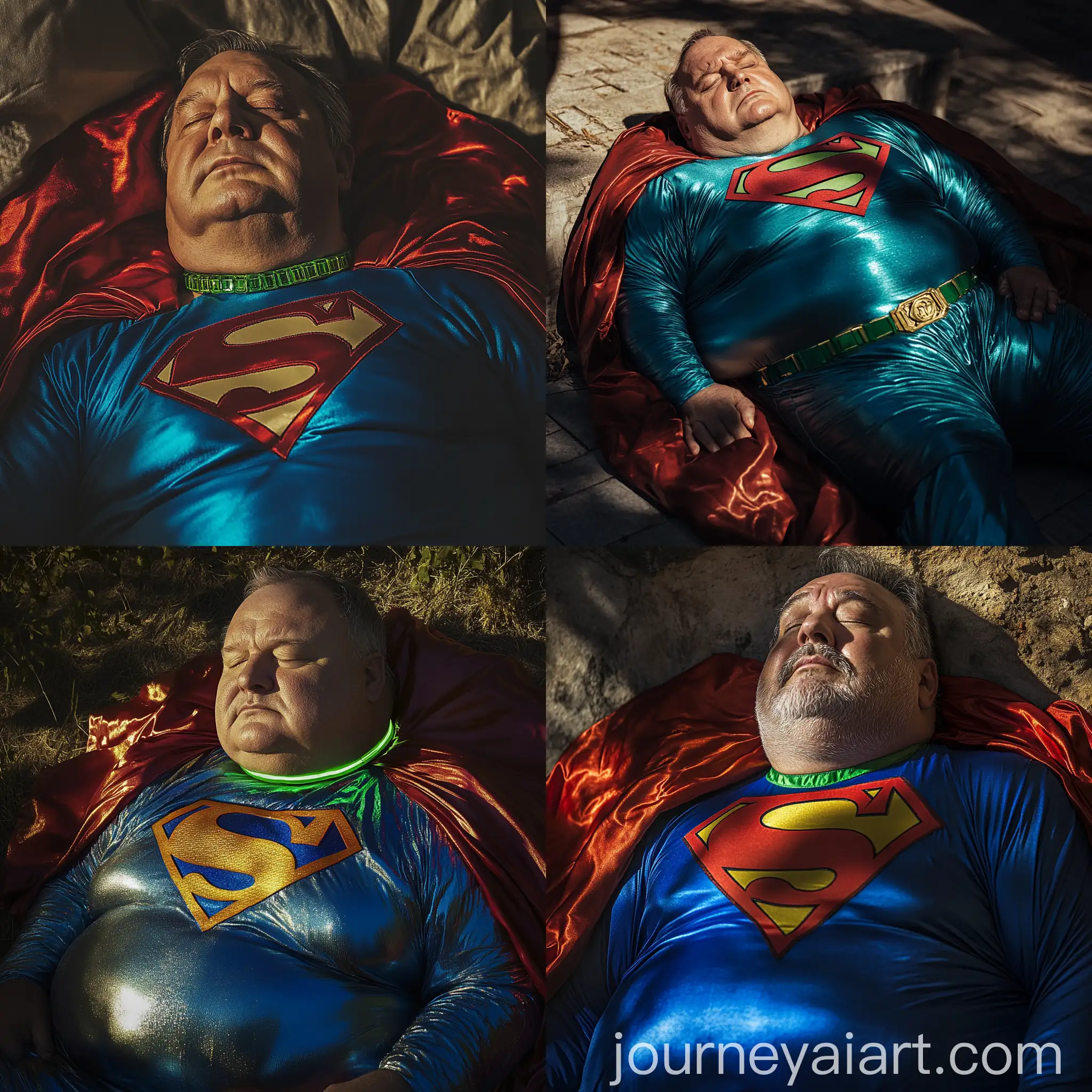 Elderly-Superman-Sleeping-in-Bright-Blue-Costume-with-Red-Leather-Cape