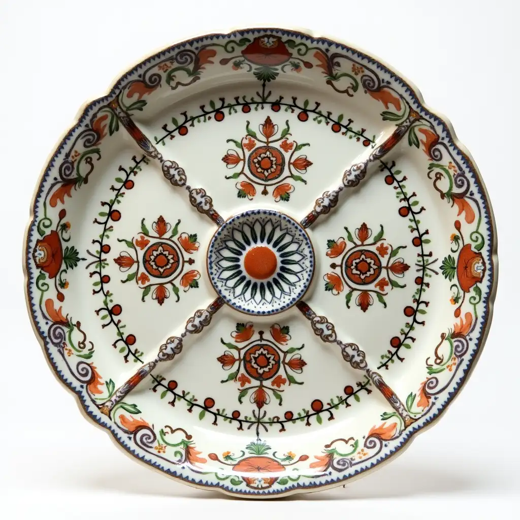 3 divided circle ceramic tray plate with embossed beautiful ceramic handle, Underglaze painting on white body, Fine art, Hyper detailed, Antique and old, Qajar art, Iranian Tabriz carpet design