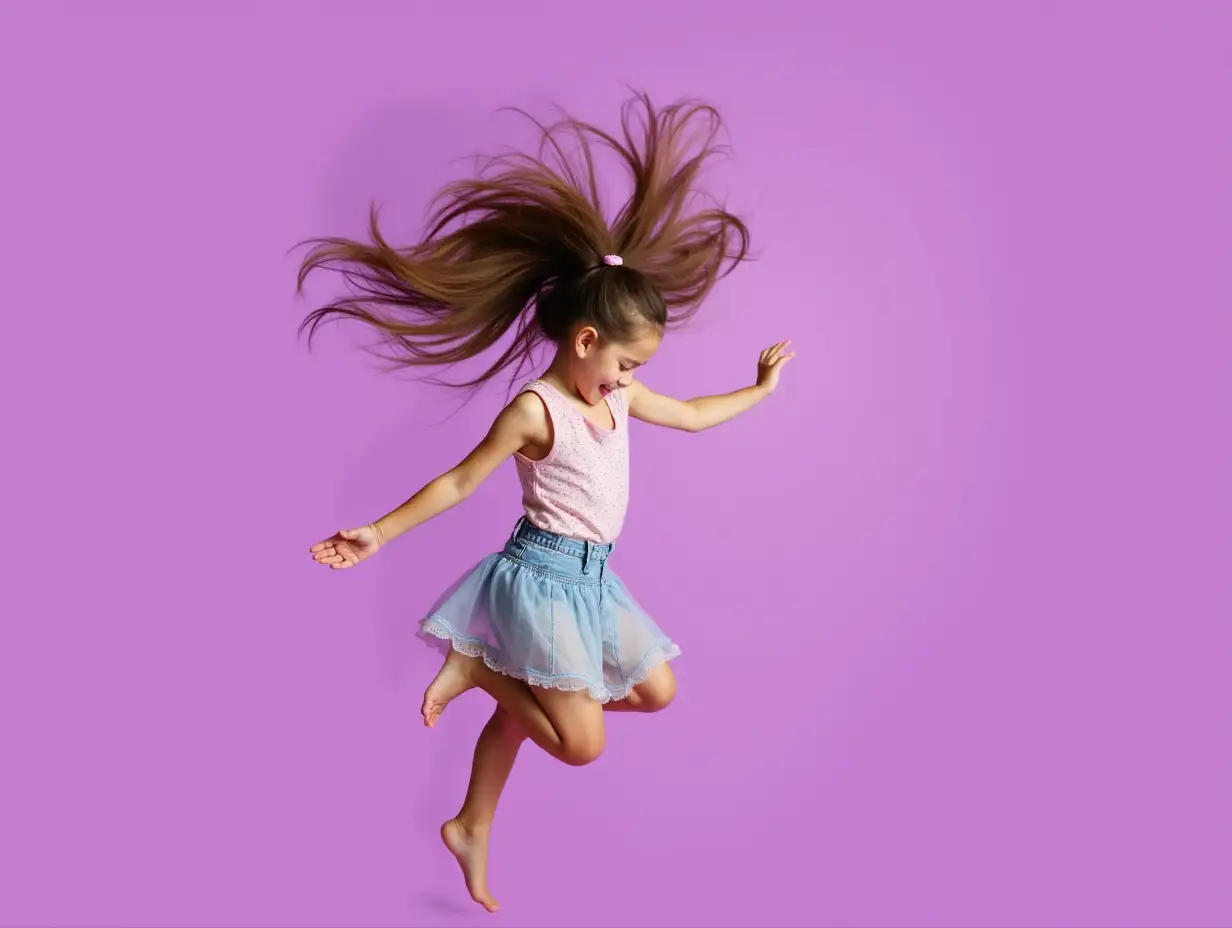 Photo of nice charming young girl dance flying hair isolated on violet color background