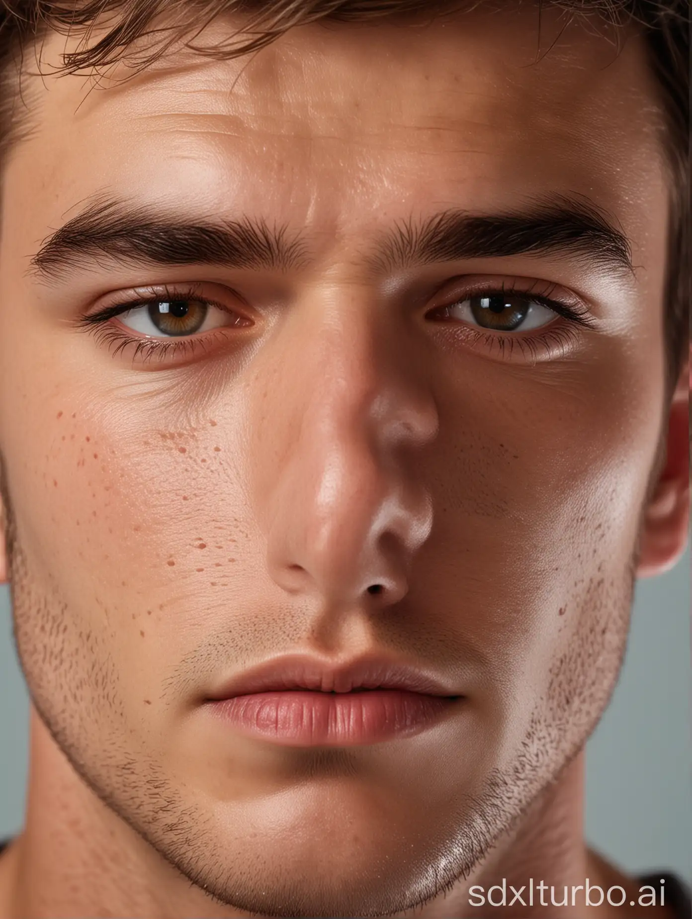 first pov towards mirror, studio photography professional lighting, soft shadows, clear light environment portraits male super model, face close up, very handsome, oily skin, masterpiece, best quality, ultra-detailed, ultra high resolution , face close up, very elegant, thick eyebrows