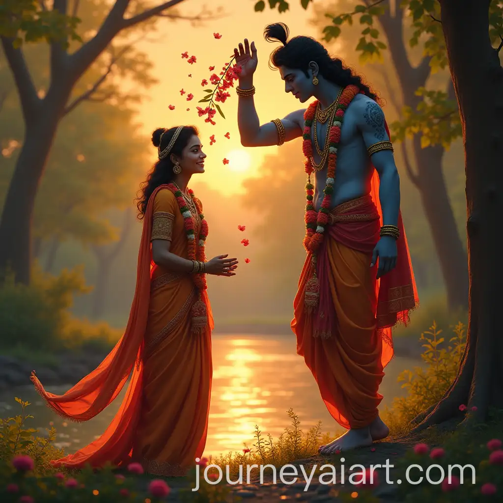 Lord-Krishna-Blessing-Radha-with-Flowers-at-Sunset