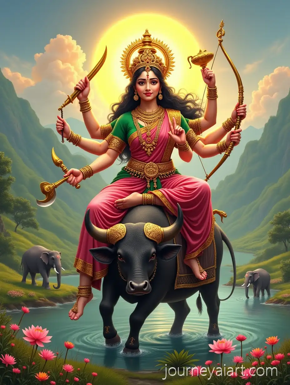 Visat-Ma-Powerful-Hindu-Goddess-Seated-on-Water-Buffalo-in-Lush-Landscape-with-Divine-Light