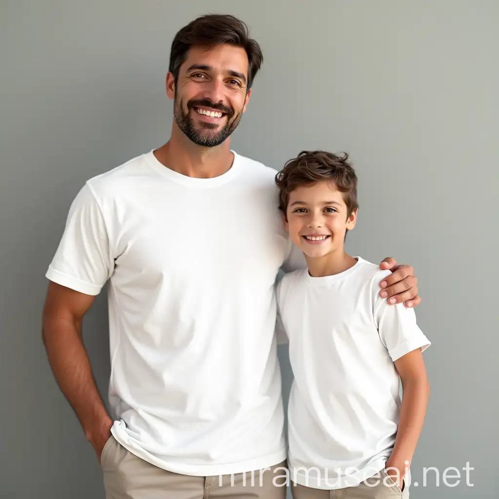 Happy European Father and Son Wearing Blank RoundCollar Neck TShirts