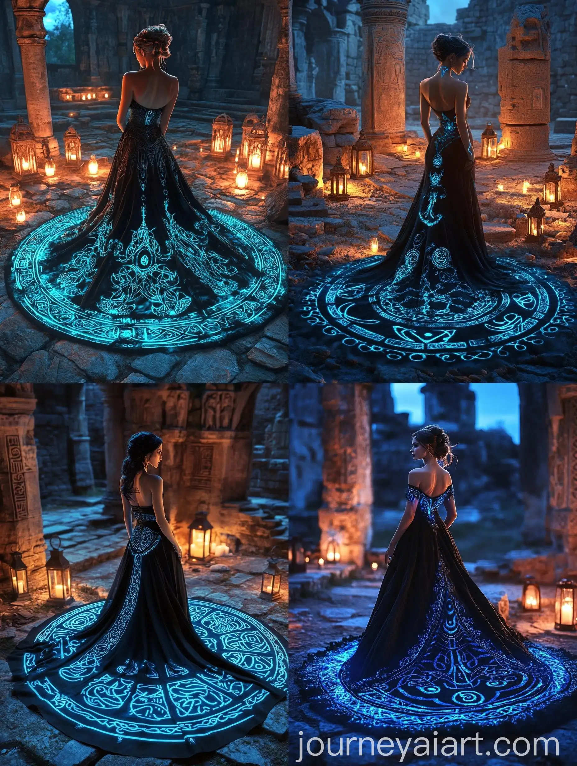 Elegant-Woman-in-Celtic-Design-Black-Dress-Amid-Ancient-Ruins-at-Night