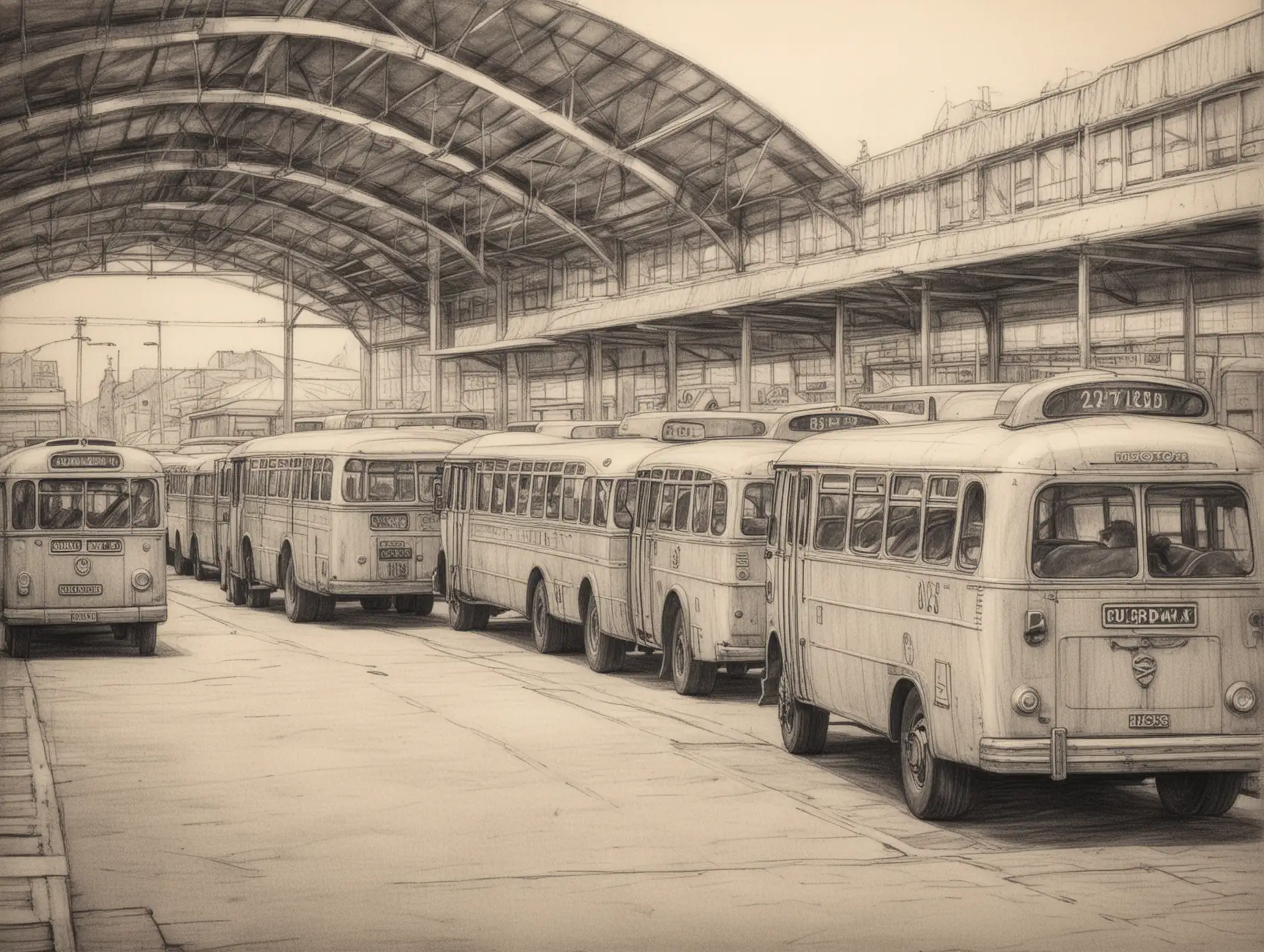 pencil drawing, bus depot, several buses, retro style, sketch