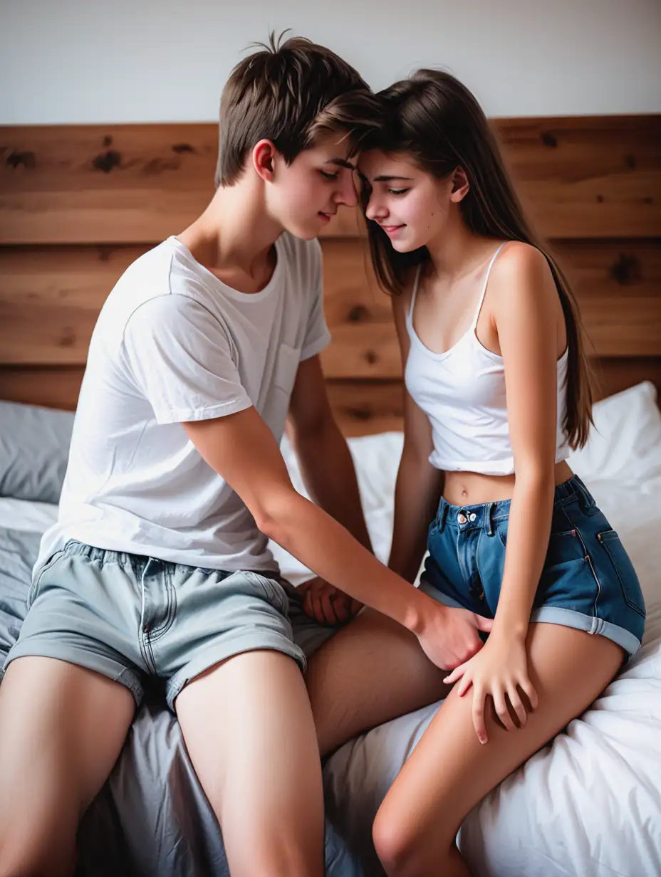 eighteen year old girl caressing boyfriend thigh hand inside shorts on bed