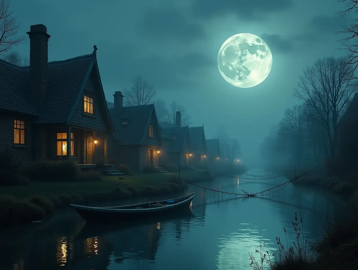 Dreamlike houses next to a river with fishing nets and a small boat, boiling water  Creepy Moon