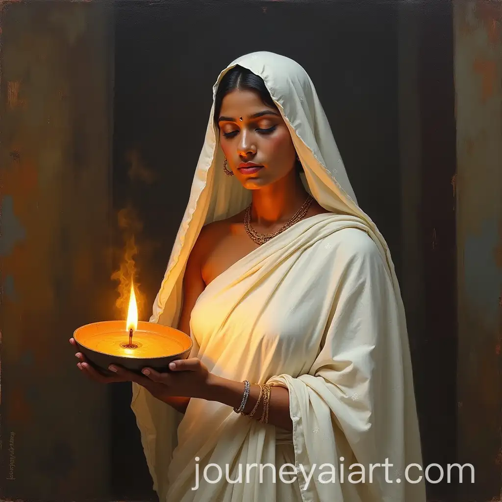 Indian-Women-Holding-Lamp-in-White-Saree-Oil-Painting