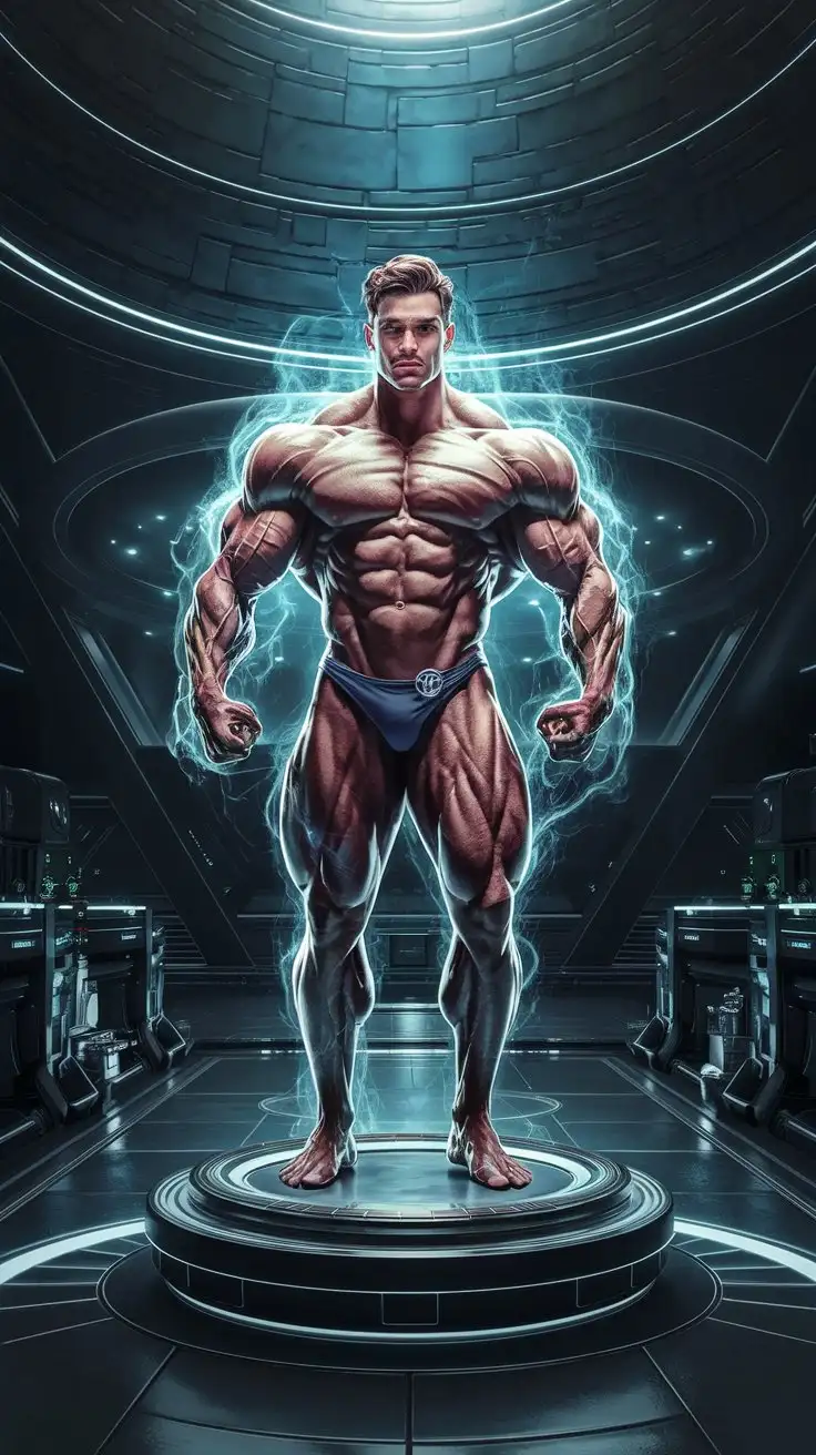 Powerfully muscled, hugely ripped, pumped, handsome, mighty, superhuman, 24-year-old bodybuilder with awesome superpowers stands on a small dais in a futuristic physics lab. Glowing with luminous blue energy. Photorealistic.