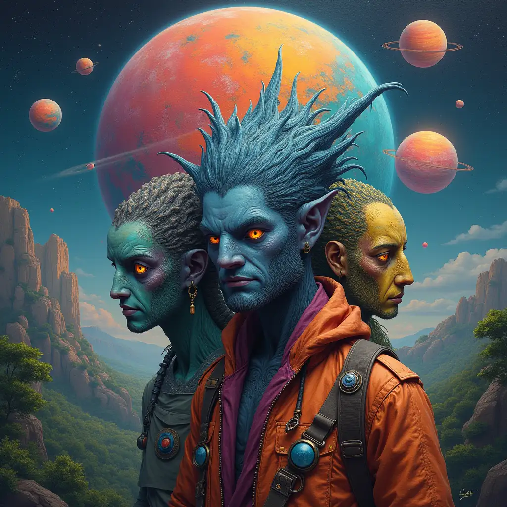 Hyperrealistic portrait of a multiverse time traveler different alien beings The elaborately detailed, colorful forested planets in the background