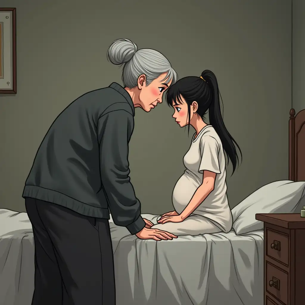 Chinese suspense animation, high quality, perfect detail, a 65-year-old woman with short salt-and-pepper hair, wrinkled, stooped figure, wearing a dark gray twill and wide-legged black pants, she bends slightly, her right hand gently pats the back of the hand of a young woman next to her, a 30-year-old woman with long black hair tied up in a ponytail, thin figure, wearing white maternity clothes, His face was haggard but strong, leaning slightly against the head of the bed