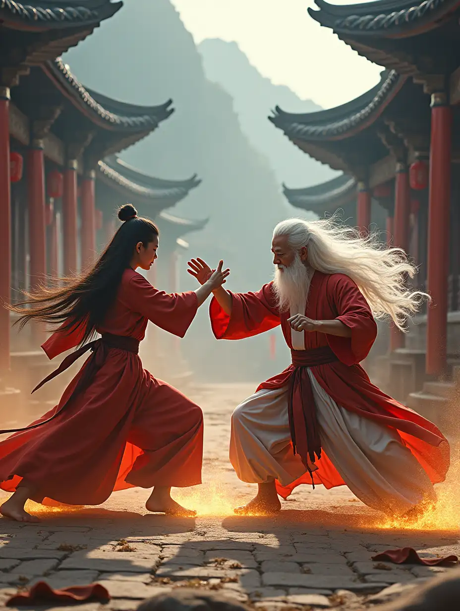 An electrifying martial arts battle between a fierce young woman and her elderly master with long white hair and a flowing beard. Their combat alternates between high-speed punches, graceful spinning kicks, and fluid acrobatic movements. They use a mix of traditional martial arts techniques and creative, unorthodox styles, such as spinning flips, counter-grapples, and sweeping leg attacks. The fight also incorporates dramatic close-quarters combat, with rapid exchanges of strikes and blocks. The master exudes a radiant, divine aura, and his movements are precise yet powerful, while the young woman counters with agile, high-energy techniques, leaping from walls and performing mid-air twists. The setting is an ancient temple courtyard surrounded by misty mountains, with swirling dust and glowing energy effects highlighting the intensity of their duel. The scene captures the raw emotion, precision, and artistry of their martial arts skills