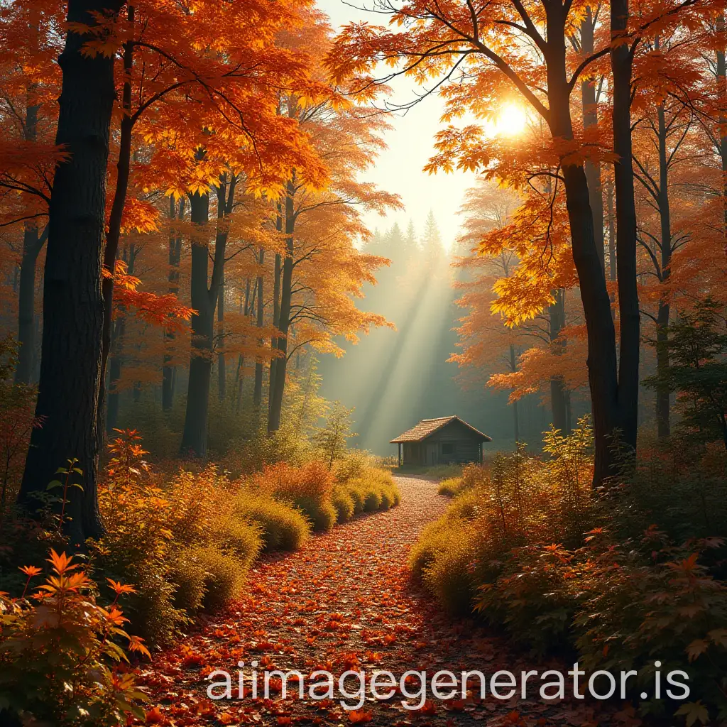 Autumn-Forest-with-Sunlit-Trees-and-Coastal-Hut