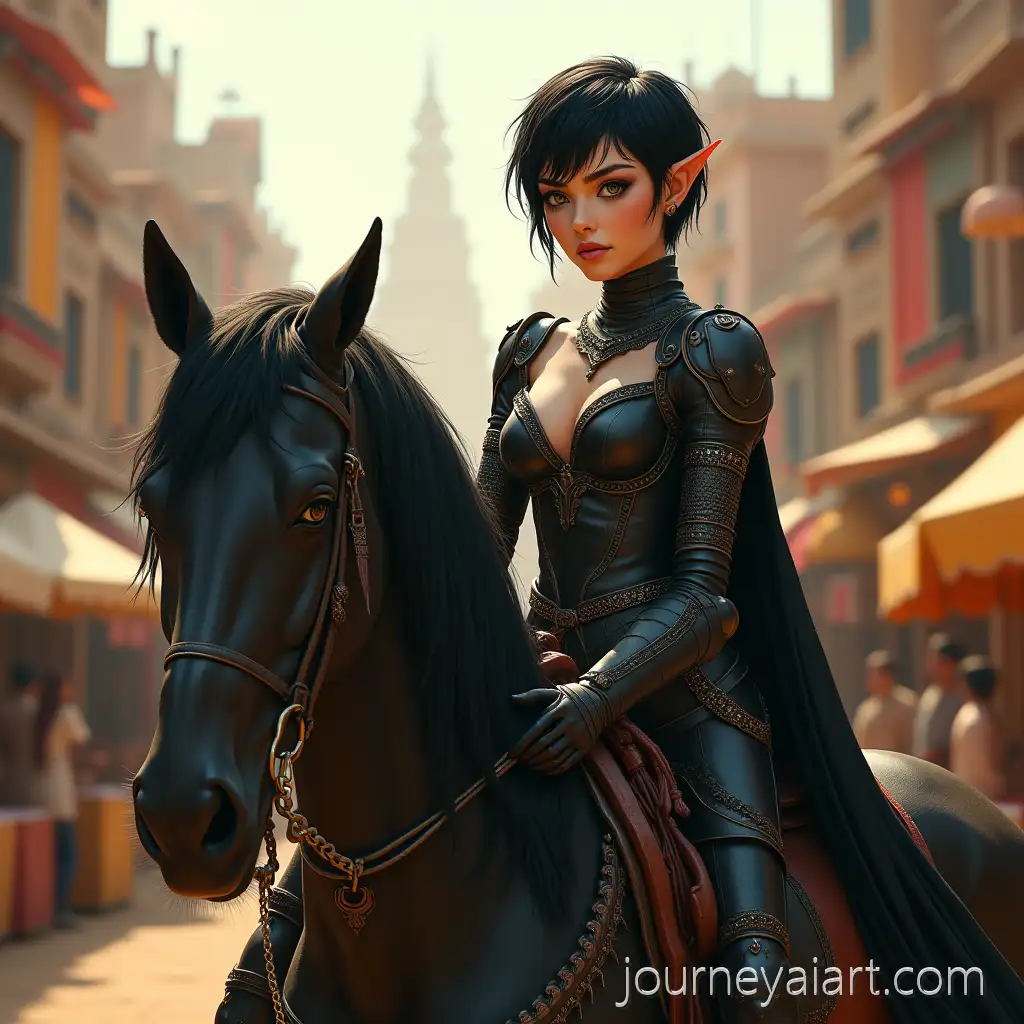 Elven-warrior-in-marketElven-Warrior-Riding-Majestic-Horse-in-Colorful-Indian-Market