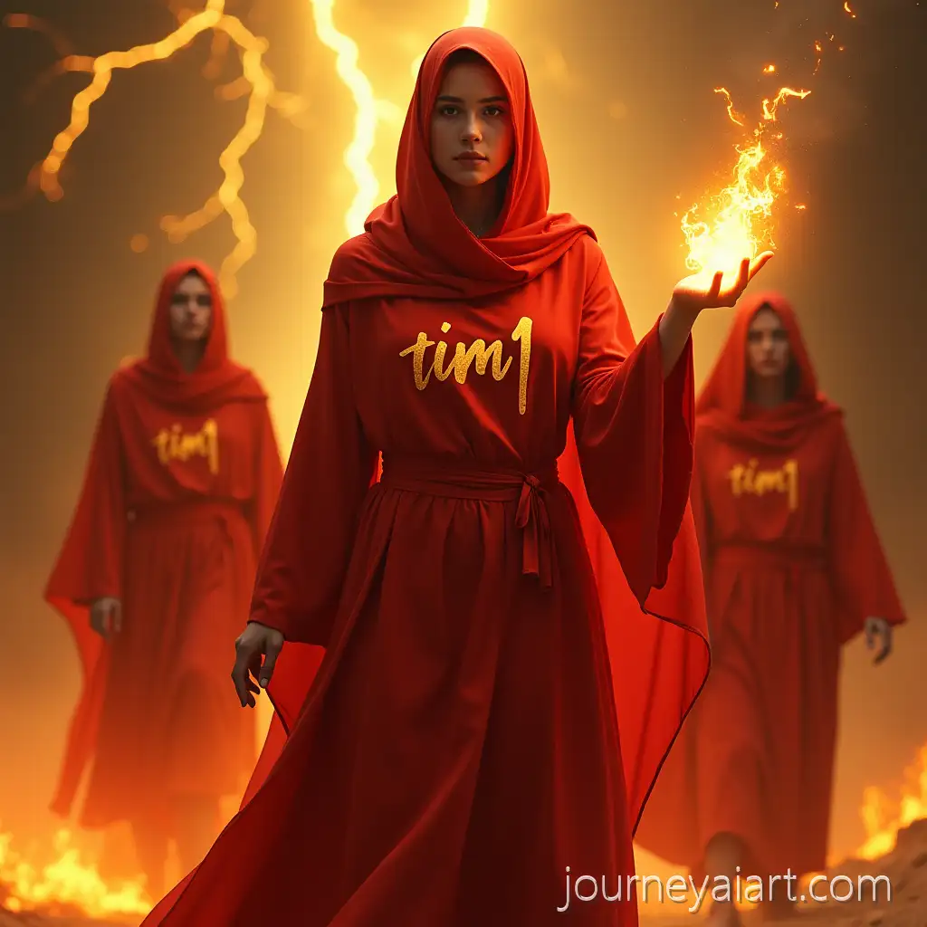 Sorceress-in-Red-Dress-with-Followers-Casting-Fire-Magic-Amidst-Fiery-Lightning