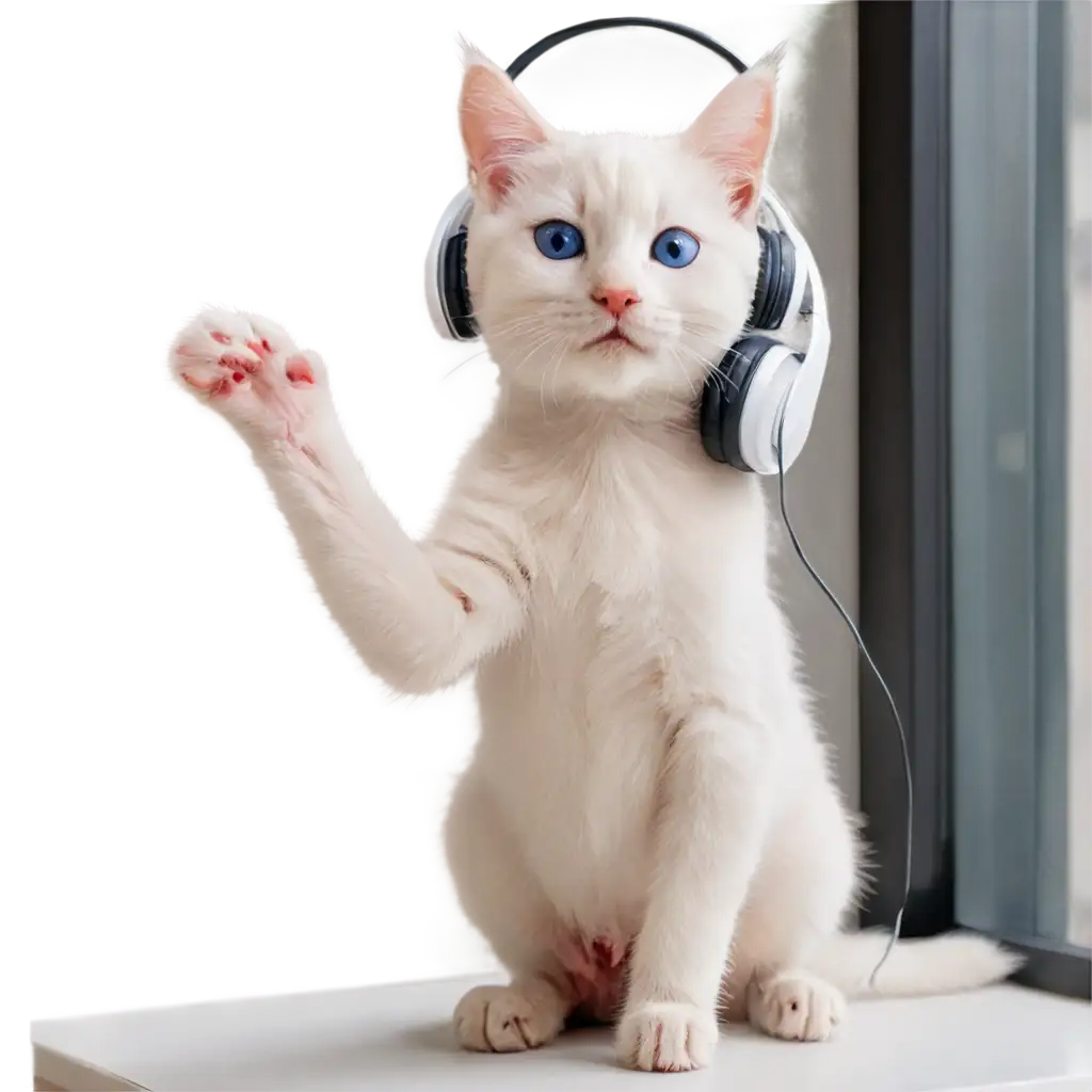 Adorable-White-Kitten-Listening-to-Music-at-Window-PNG-Image