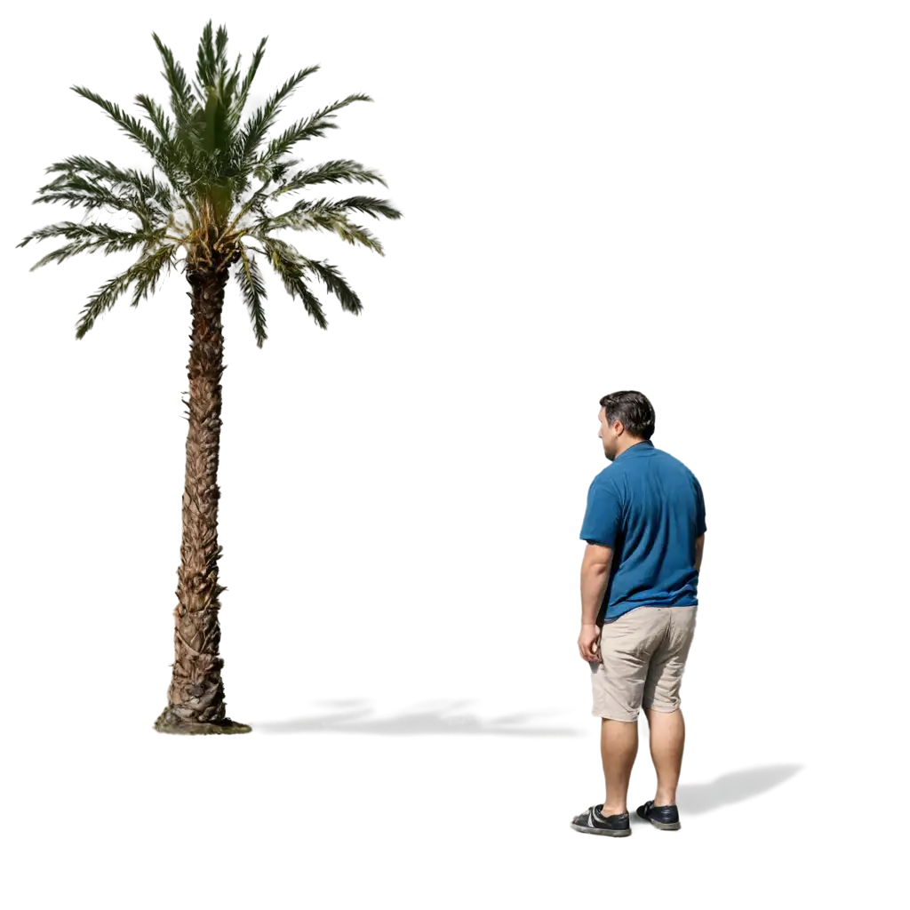 A big man is standing there, with many people on his right and left, and in the middle, a date palm tree