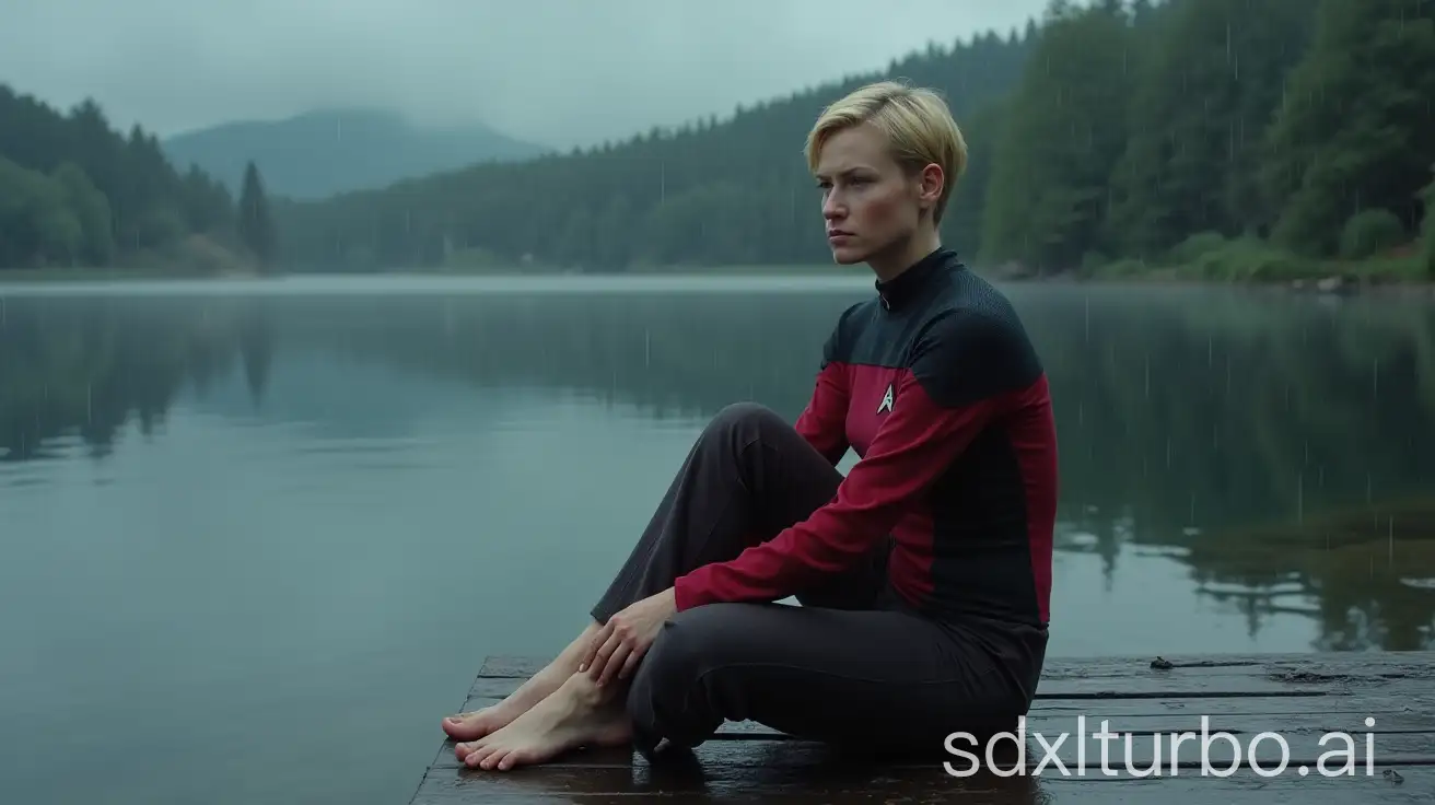 Seven Of Nine, Figur aus star trek, mid 30s, with short hair. in star trek uniform with long pants. sitting barefoot on a wet dock by the lake. it's raining. her skin is fair. she looks sad.