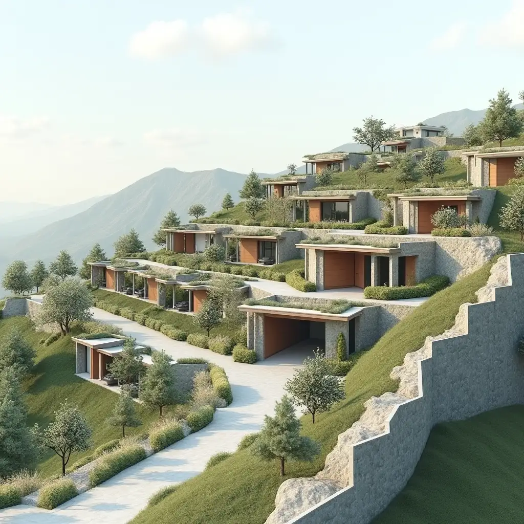 Create buildings that are sloped and aligned with a 30-degree incline. buildings to be designed with terraced or stepped levels show elevation changes with landscaping, retaining walls, pathways, car entrance