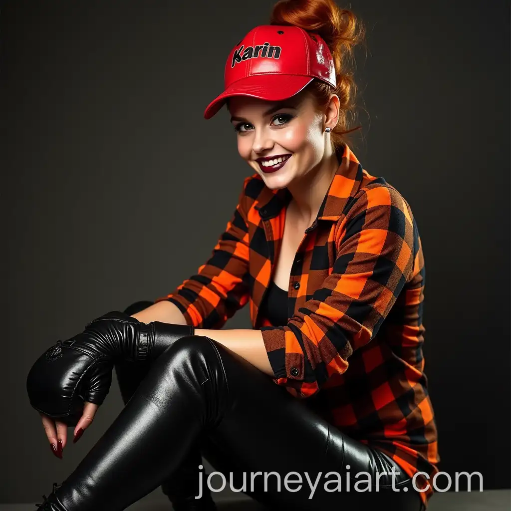 Slim-Redhaired-Bavarian-Woman-in-Orange-Black-Checkered-Shirt-and-MMA-Gloves