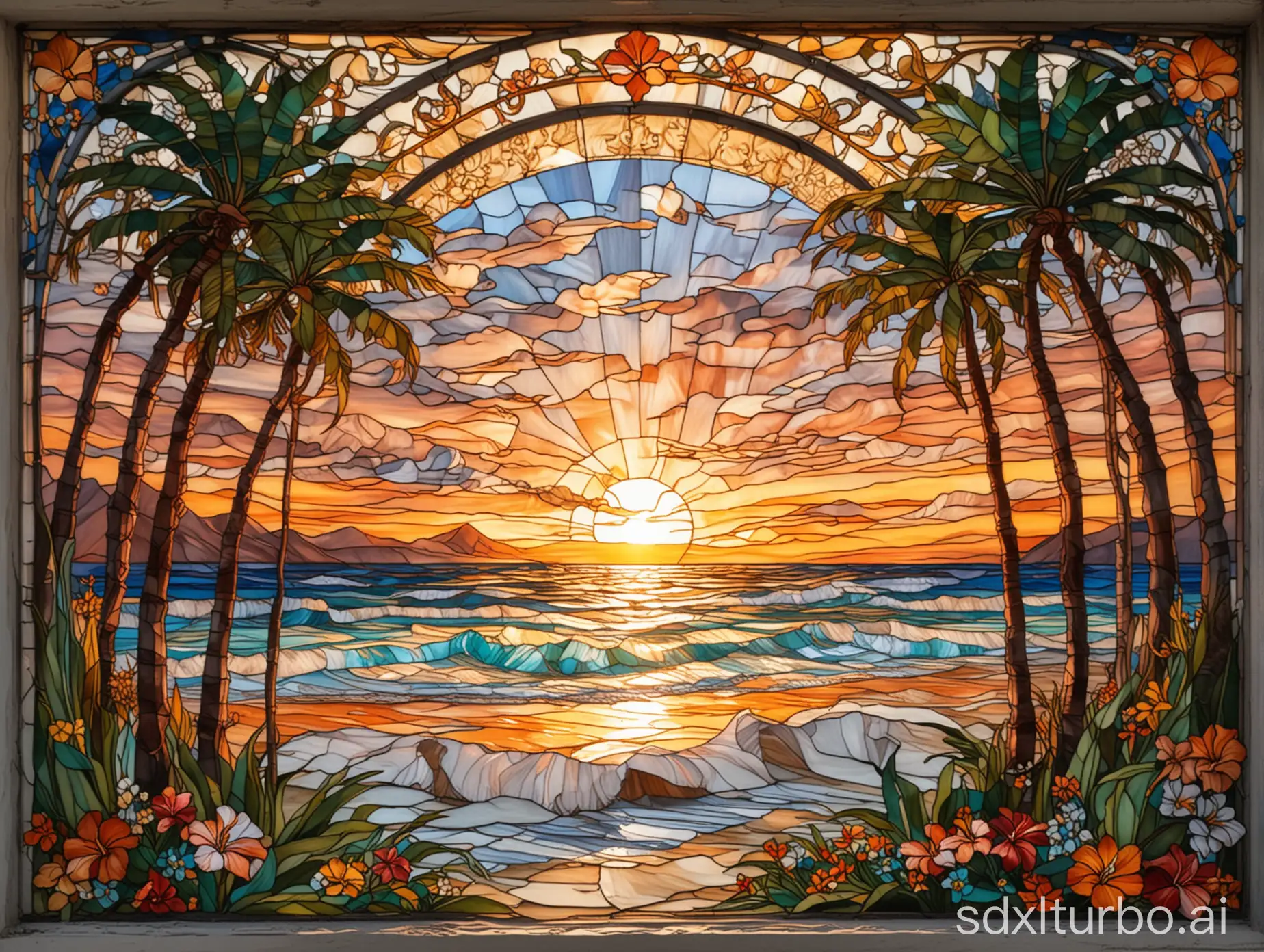 Art Nouveau background stained glass window, sunset’s view from the white sandy beach , waves softly rolling in, coconut trees and tropical flowers