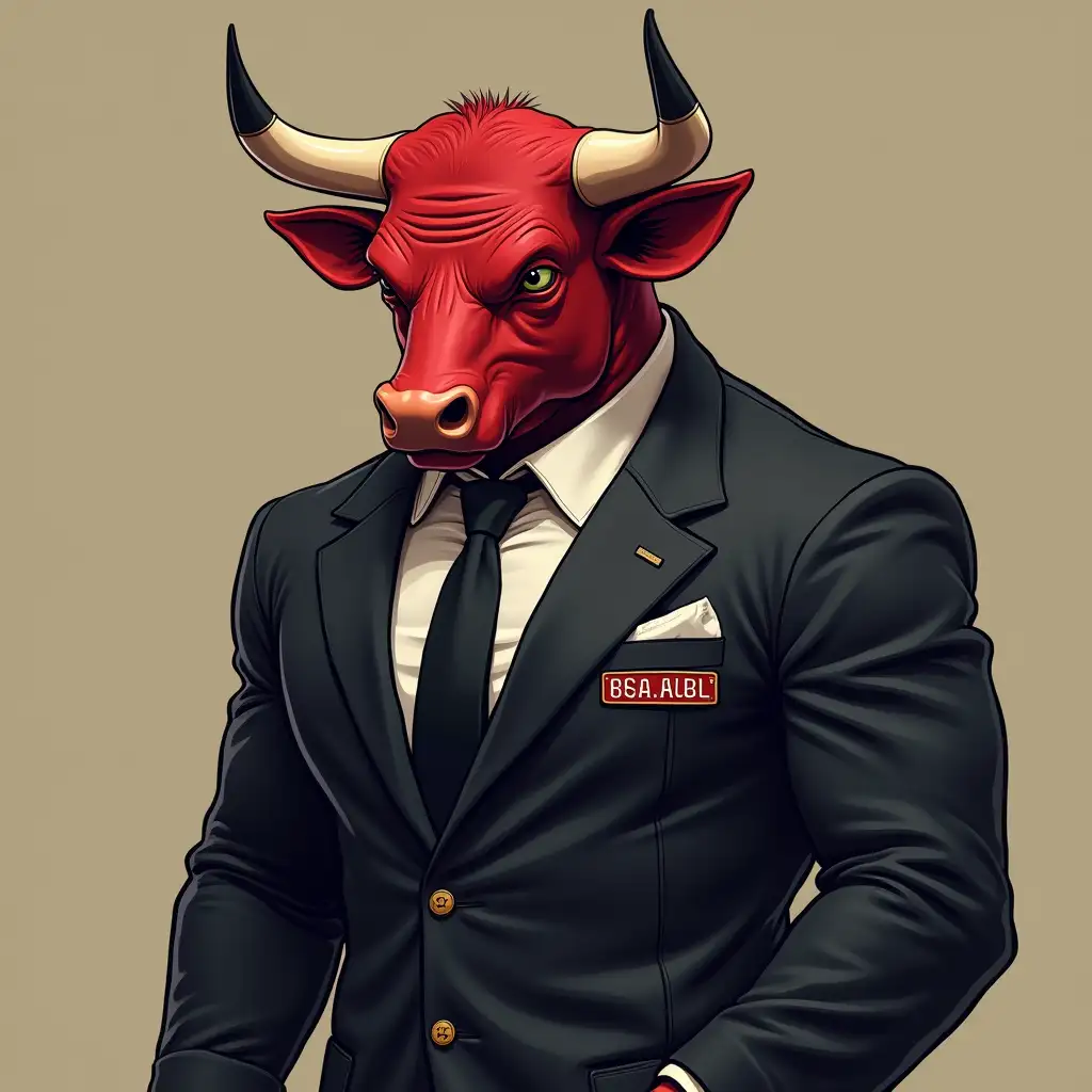 A muscular red bull in the outfit of a CIA Agent.