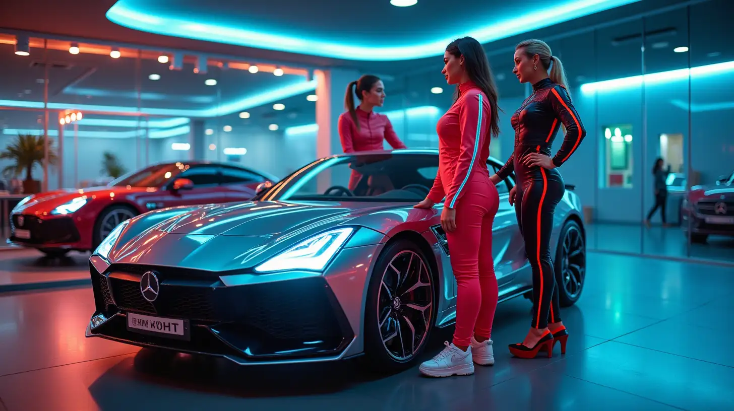 Three Young Cyberpunk Women Purchasing a Futuristic Car in a Vibrant Car Showroom