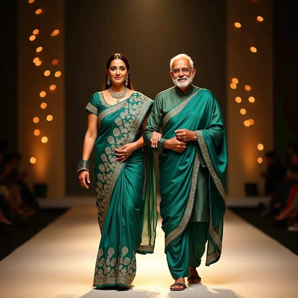 An elegant 50-year-old Indian woman confidently walking on a ramp wearing traditional Indian attire such as a beautiful peacock green saree or lehenga. An old man around same age in traditional peacock green color traditional Indian dress walking with her smilingly. She has a graceful posture, exuding confidence and charm. The saree is adorned with intricate embroidery, vibrant colors, and matching accessories like bangles, earrings, and a necklace. The ramp is well-lit with a spotlight on her, highlighting her graceful walk. The background has an elegant, minimalistic setting, with soft lighting that accentuates her and her attire. The woman’s expression is poised and self-assured, showcasing timeless beauty. Golden lights in background