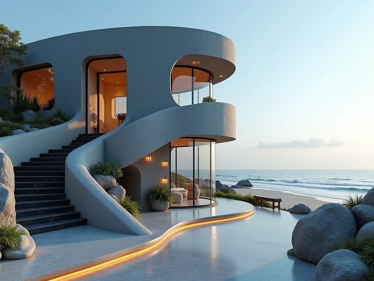 Look inside the curved house with a grey facade, side facing the beach, adorned with plant ornaments in the form of stucco, large windows, curved glass door, winding grand staircase made of black marble, curved roof with dike, lanterns, bench by the beach with a slight view of the sea 4K resolution, vibrant wide-angle shots