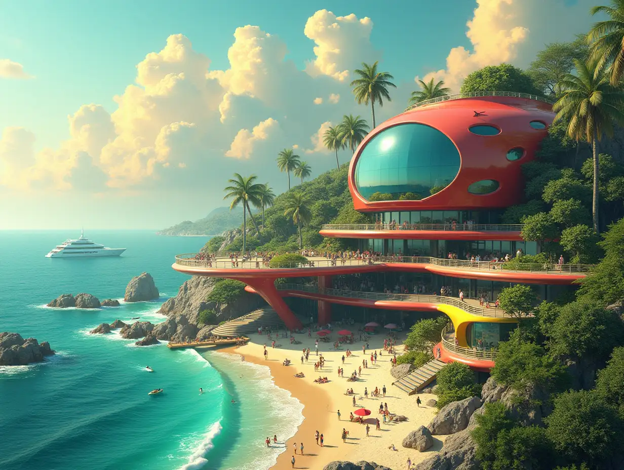 Create a high-resolution, realistic image of a futuristic terrace building with ellipse window house with bridge, a yacht and a small boat beach with many people and animals  many plants and green and yellow and red facades  with sea with waves, big trees, orange clouds Wide-angle shots